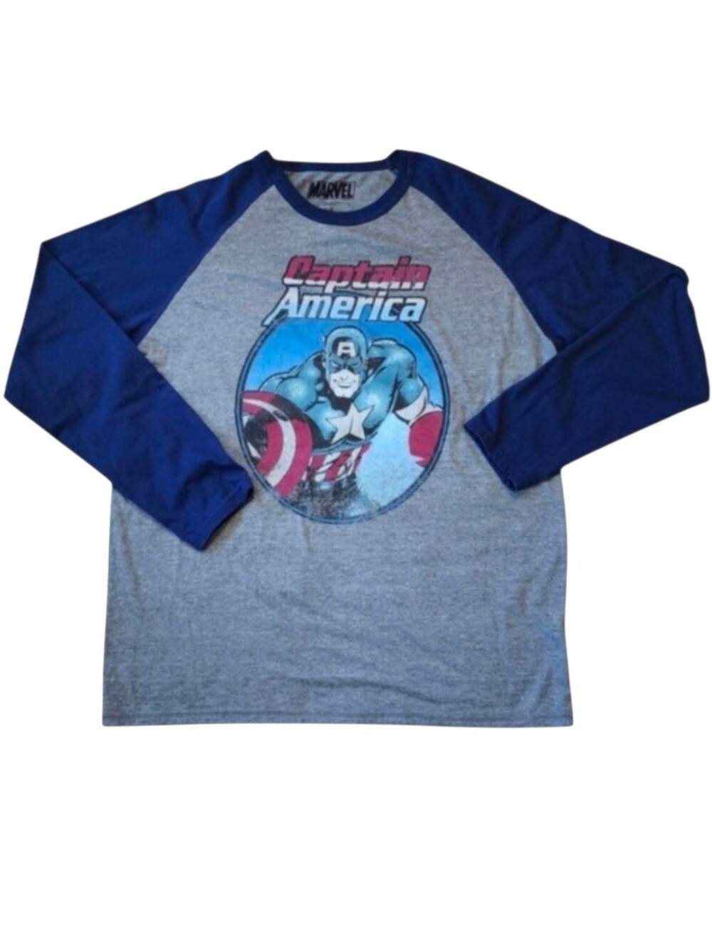 Captain America Large Gray with Blue Raglan Sleeves Marvel Superhero Tee Shirt
